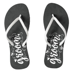 The Groom White Script Typography on Black Jandals