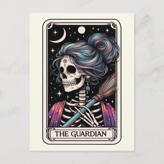 The Guardian Tarot Witchy Skeleton Broomstick Postcard (Front)