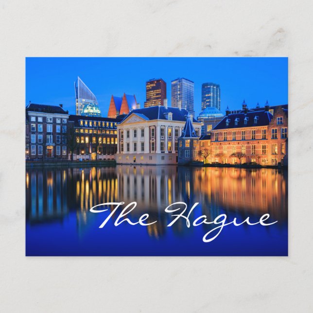 The Hague skyline at blue hour text postcard (Front)