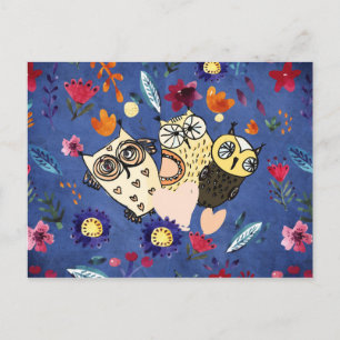 The happy Bird Owl Animal Family in Flower Garden Postcard