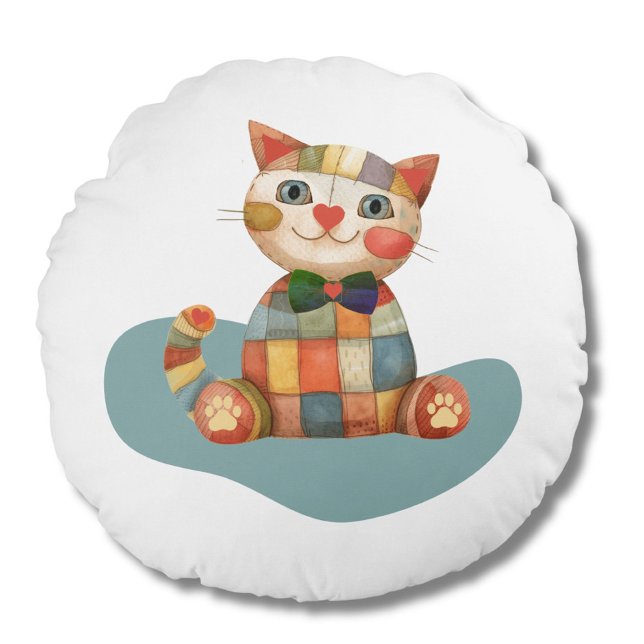 The Happy Cat Colourful Patchwork Unique Round Cushion (Creator Uploaded)