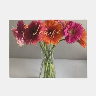 The Happy Gerbera Colorful Flower +Custom Name Doormat