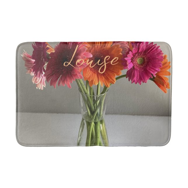The Happy Gerbera Colourful Flower +Custom Name Bath Mat (Front)