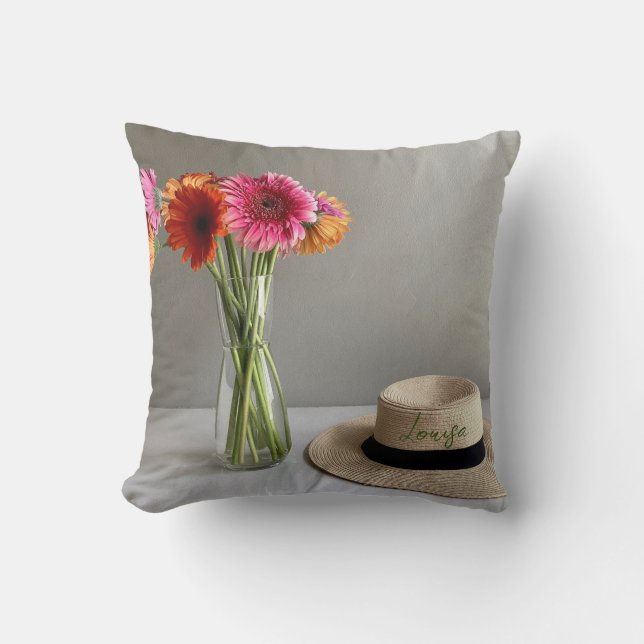 The Happy Gerbera Colourful Flower +Custom Name Cushion (Front)