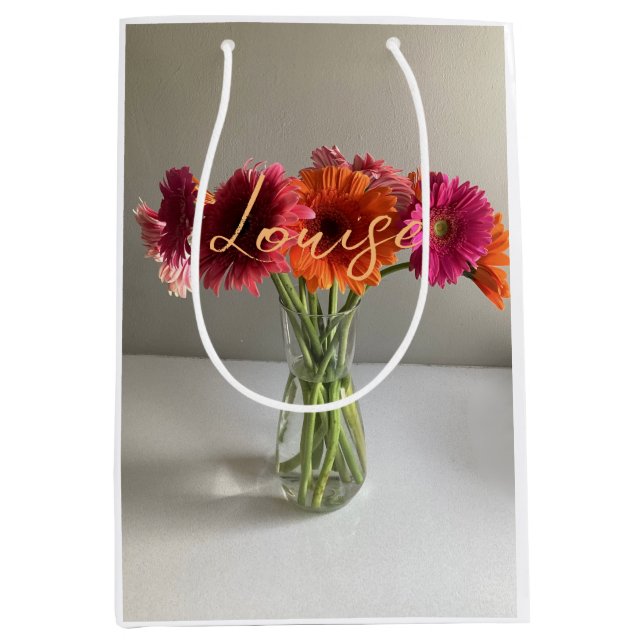 The Happy Gerbera Colourful Flower +Custom Name Medium Gift Bag (Front)