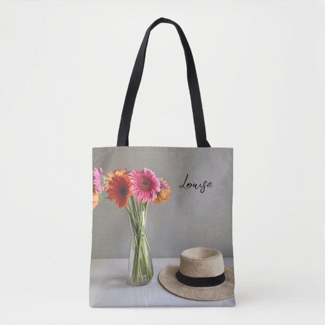 The Happy Gerbera Colourful Flower +Custom Name Tote Bag (Front)