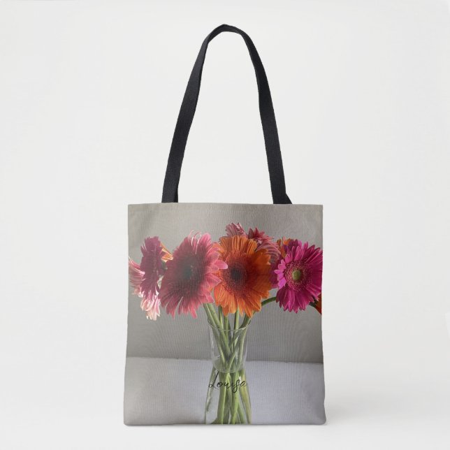 The Happy Gerbera Colourful Flower +Custom Name Tote Bag (Front)