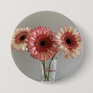 The Happy Gerbera Pink Flower Photo +Custom Name 7.5 Cm Round Badge