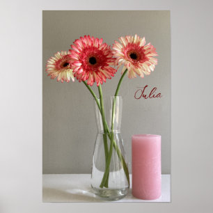 The Happy Gerbera Pink Flower Photo +Custom Name Poster