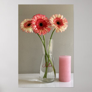 The Happy Gerbera Pink Flower Photo +Custom Name Poster