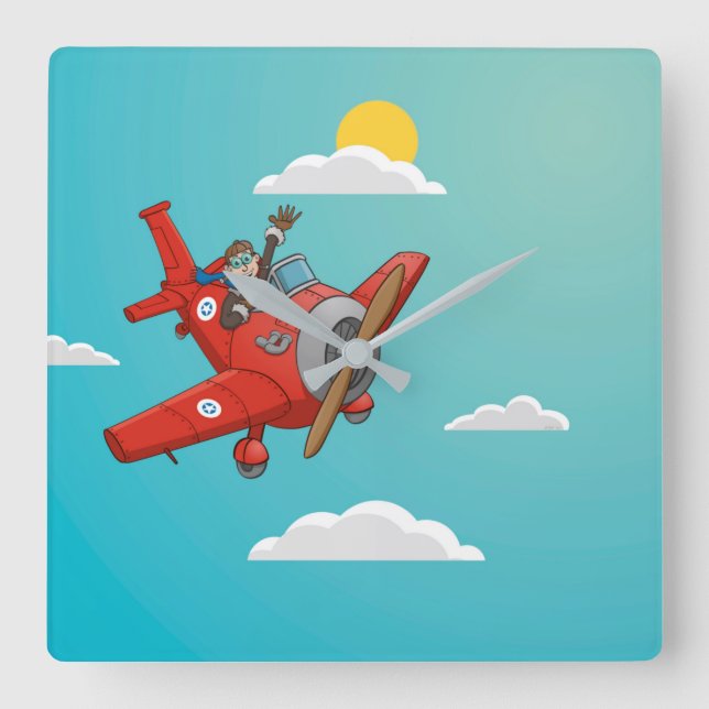 The happy pilot in the red plane - square wall clock (Front)