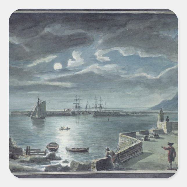 The Harbour and the Cobb, Lyme Regis by Moonlight Square Sticker (Front)