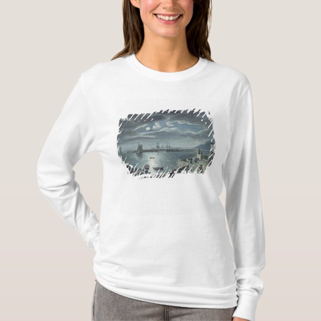 The Harbour and the Cobb, Lyme Regis by Moonlight T-Shirt (Front)