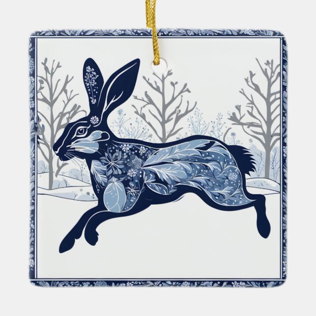 The Hares Winter's Whimsical Wandering Ceramic Ornament (Front)