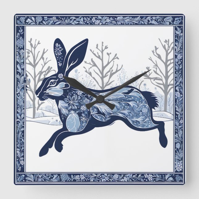 The Hares Winter's Whimsical Wandering Square Wall Clock (Front)