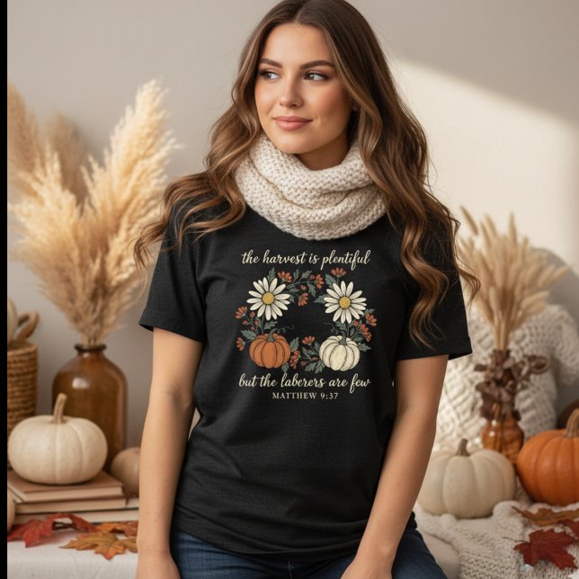 The Harvest is Plentiful | Retro Christian  Tri-Blend Shirt (Faith-filled fall retro Christian design with Matthew 9:37 – perfect for Thanksgiving & harvest.)