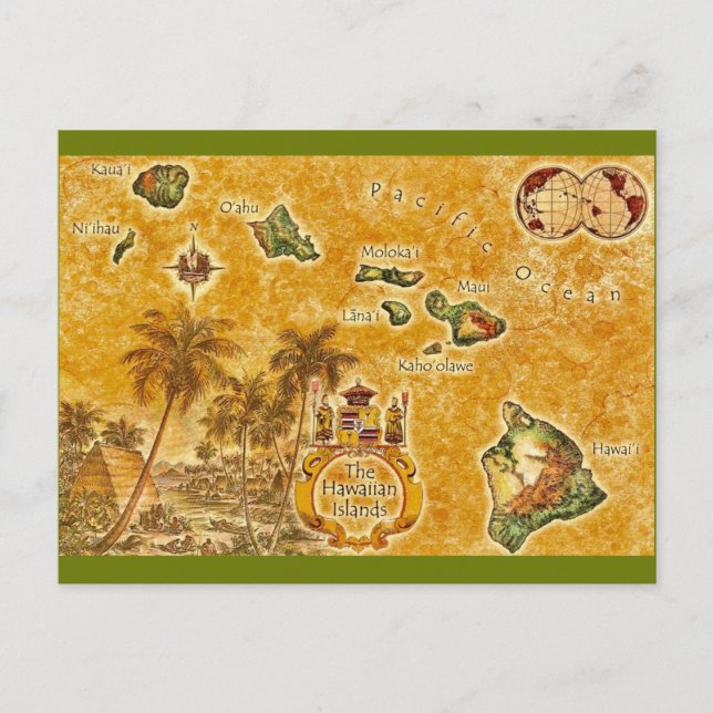 The Hawaiian Islands Vintage Map Postcard (Front)