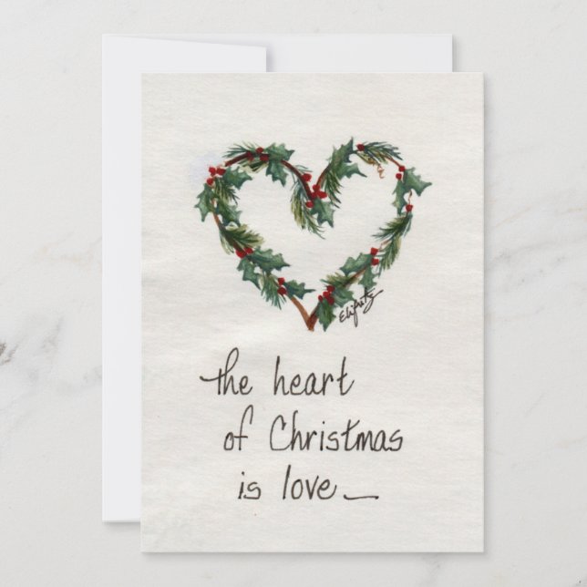 “The heart of Christmas is Love” Green Heart art  Holiday Card (Front)