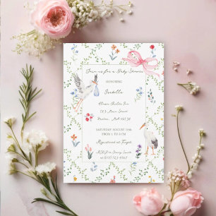 The Heirloom Rose & Ribbon Signature Stork Invitation