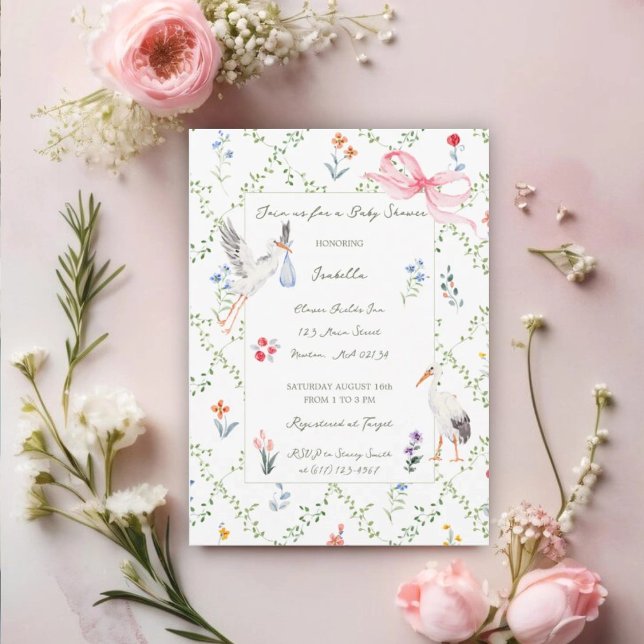 The Heirloom Rose & Ribbon Signature Stork Invitation (Creator Uploaded)