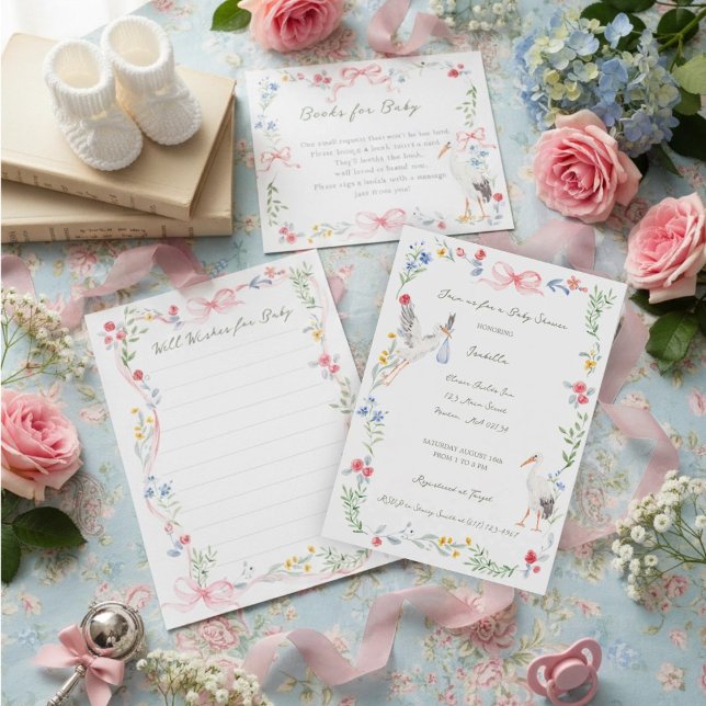The Heirloom Rose & Ribbon Signature Stork Invitation (Creator Uploaded)