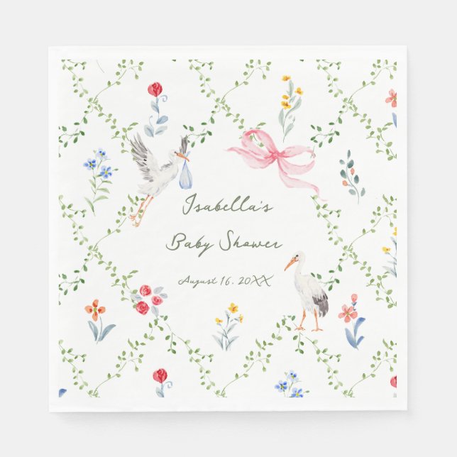 The Heirloom Rose & Ribbon Signature Stork Napkin (Front)
