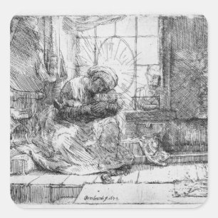 The Holy Family with a cat, 1654 Square Sticker