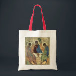 The Holy Trinity, 1420s (tempera on panel) Tote Bag<br><div class="desc">Image Collection Number:  BAL39517  The Holy Trinity,  1420s (tempera on panel) (for copy see 40956). Rublev,  Andrei (c.1370-1430) tempera on panel. Tretyakov Gallery,  Moscow,  Russia .  1420</div>