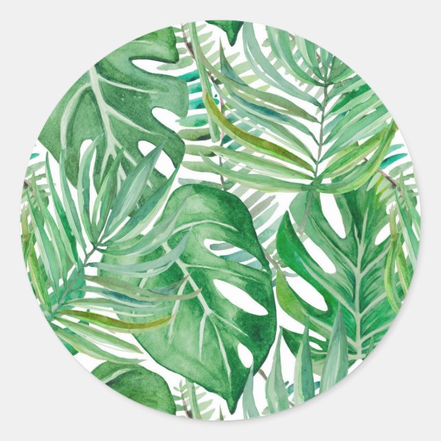 The huge leaves of palm trees and monstera classic round sticker (Front)