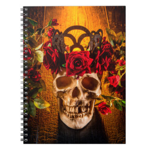The human skull on the black table lies in the ros notebook