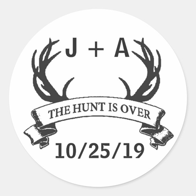 "The Hunt is Over" Antler Rustic Wedding Custom Classic Round Sticker (Front)