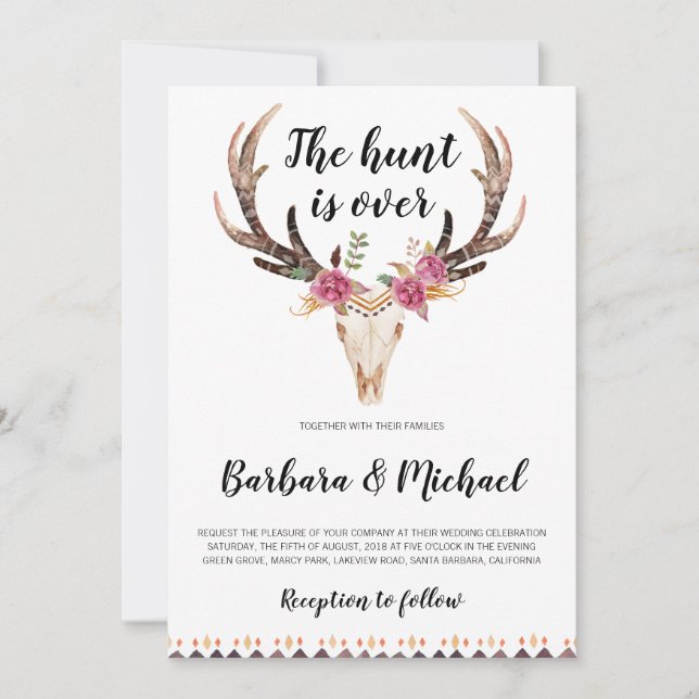 The Hunt is Over Antlers & Skull Country Wedding Invitation (Front)
