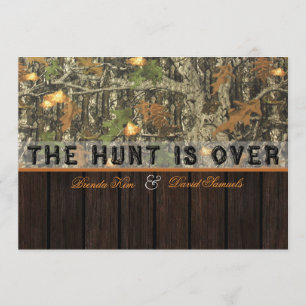 The Hunt Is Over Camo Wood Wedding Invitation
