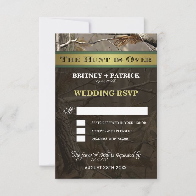 The Hunt is Over Hunting Camo Wedding RSVP Cards (Front)