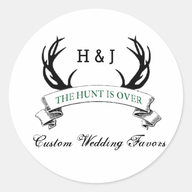 "The Hunt is Over" Rustic Custom Wedding Favours Classic Round Sticker (Front)