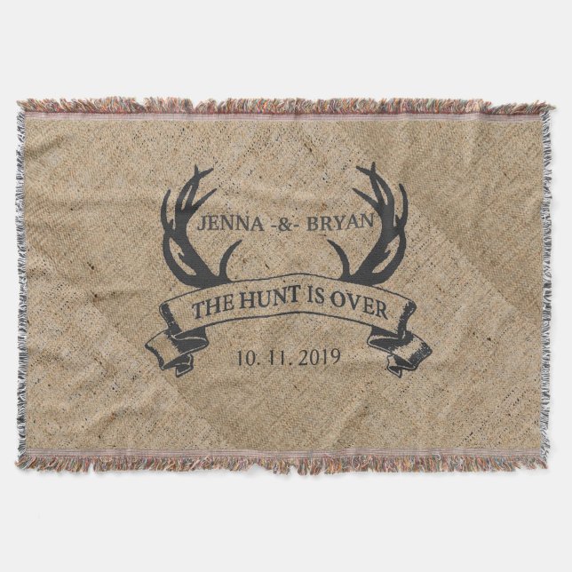 "The Hunt is Over" Rustic Custom Wedding Gift Throw Blanket (Front)