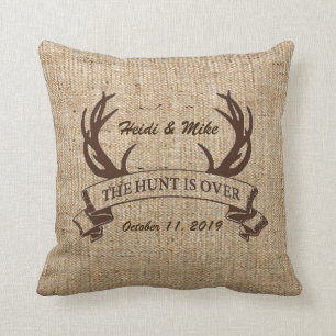 "The Hunt is Over" Rustic Faux Burlap Wedding Gift Cushion