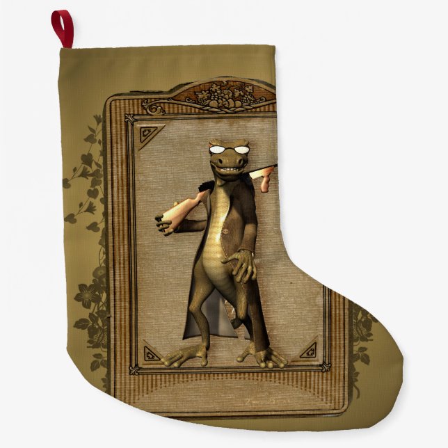 The hunter, funny, cute gecko with gun large christmas stocking (Front)