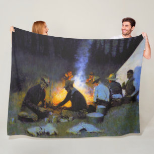 The Hunters' Supper Frederic Remington Rustic Fleece Blanket