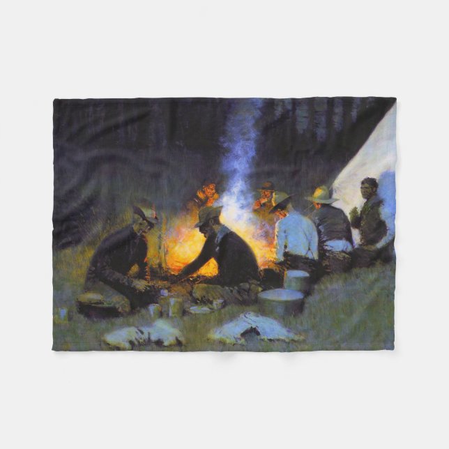 The Hunters' Supper Frederic Remington Rustic  Fleece Blanket (Front (Horizontal))