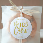 The I Do Crew | Wedding Party Favour Gold | White Classic Round Sticker<br><div class="desc">Make the awesome people in your wedding party feel extra special and appreciated with these customisable wedding stickers. The design features the words "The I do crew" in an elegant yet modern gold on white script style. The word 'do' features a sparkling diamond ring in place of the letter 'O'...</div>