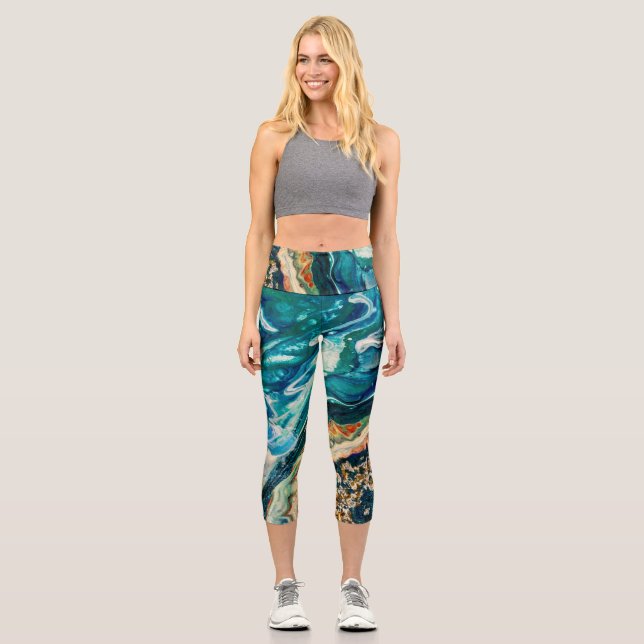 The Ice and The Fish abstract blue teal gold white Capri Leggings (Front)