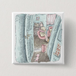 The illustration of a woman sitting behind a room 15 cm square badge
