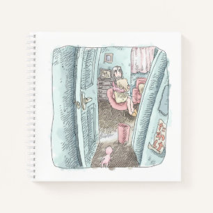 The illustration of a woman sitting behind a room notebook