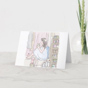 The illustration of a woman sitting by the window thank you card