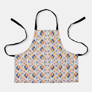 The image shows a colourful apron with a geometric