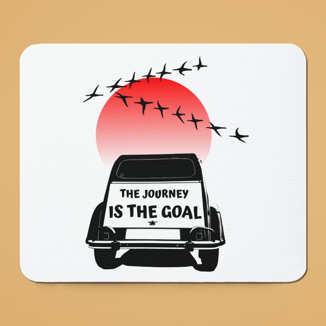 The journey is the goal Sunset - oldtimer 2CV Mouse Pad (2CV Mouse Pad in White with a Red Sunset and Birds Illustration)
