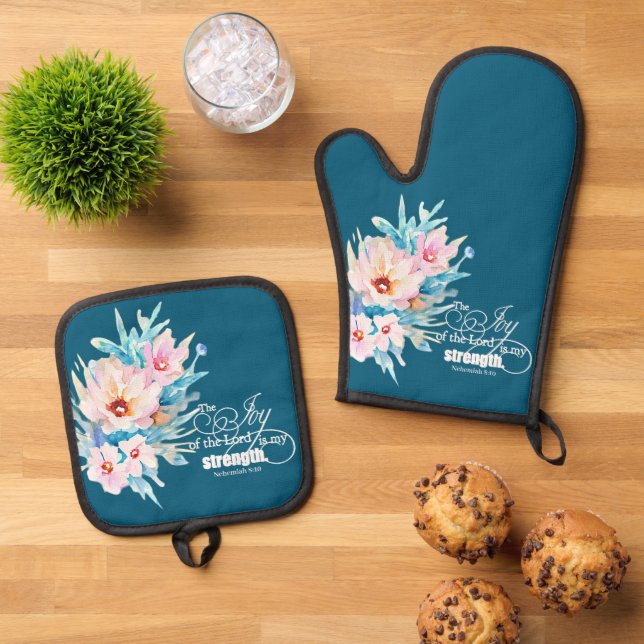 The Joy of the Lord floral Oven Mitt & Pot Holder Set (Top Down)