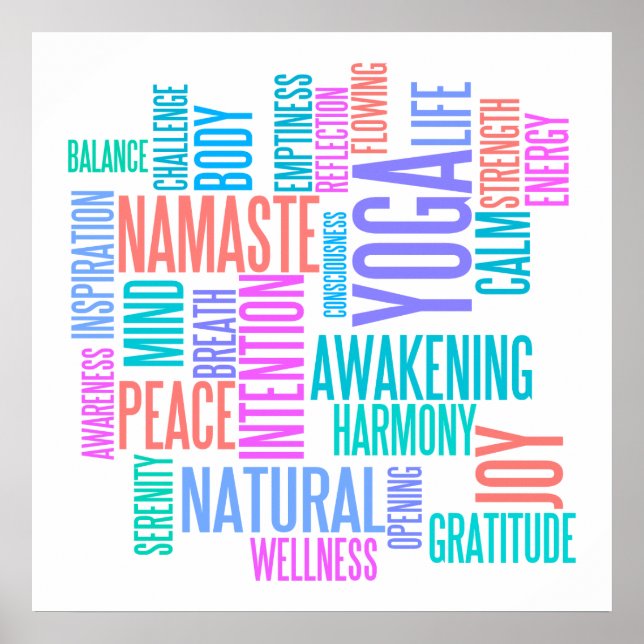 The Joy of Yoga Elegant Pastel Coloured Word Cloud Poster (Front)
