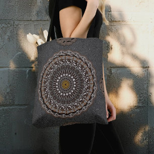 The khaki crocodylus porosus mandala art tote bag